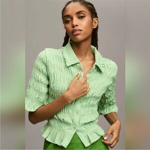 Anthropologie Maeve Smocked Button-Front Top Women’s X-SMALL XS green